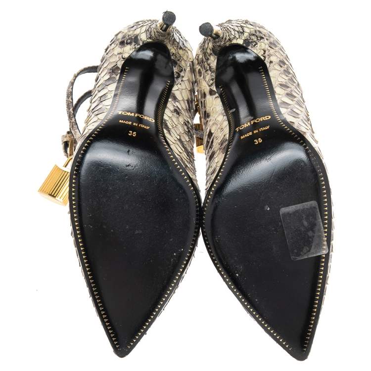Pre Owned Tom Ford Grey/Black Python Leather Padlock Ankle Wrap Pointed Toe Pumps Size 36