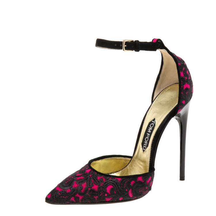 Tom Ford Pink/Black Embroidered Suede D'Orsay Pointed Toe Ankle Strap Pumps  Size 40 Tom Ford | TLC