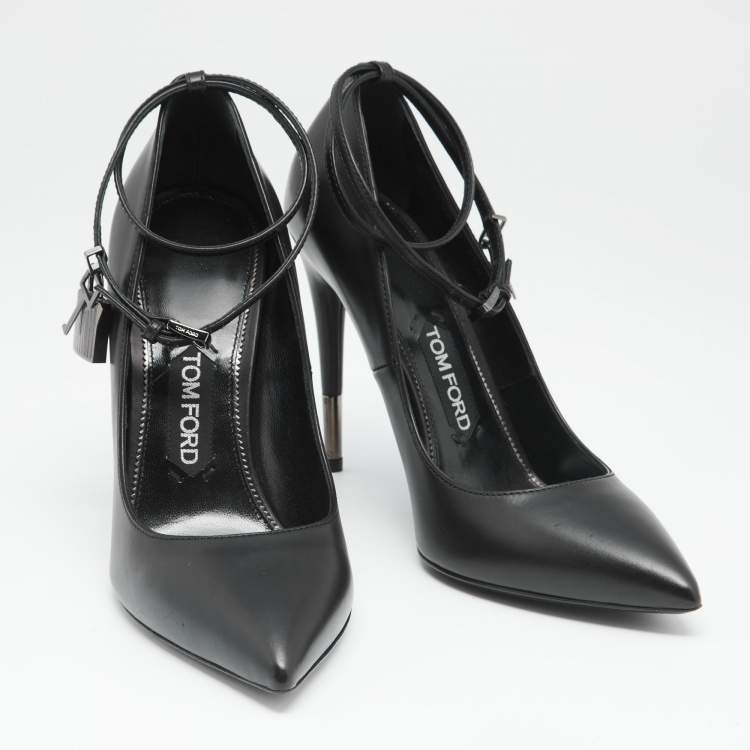 Pre Owned Tom Ford Black Leather Padlock Ankle Wrap Pointed Toe Pumps Size 40