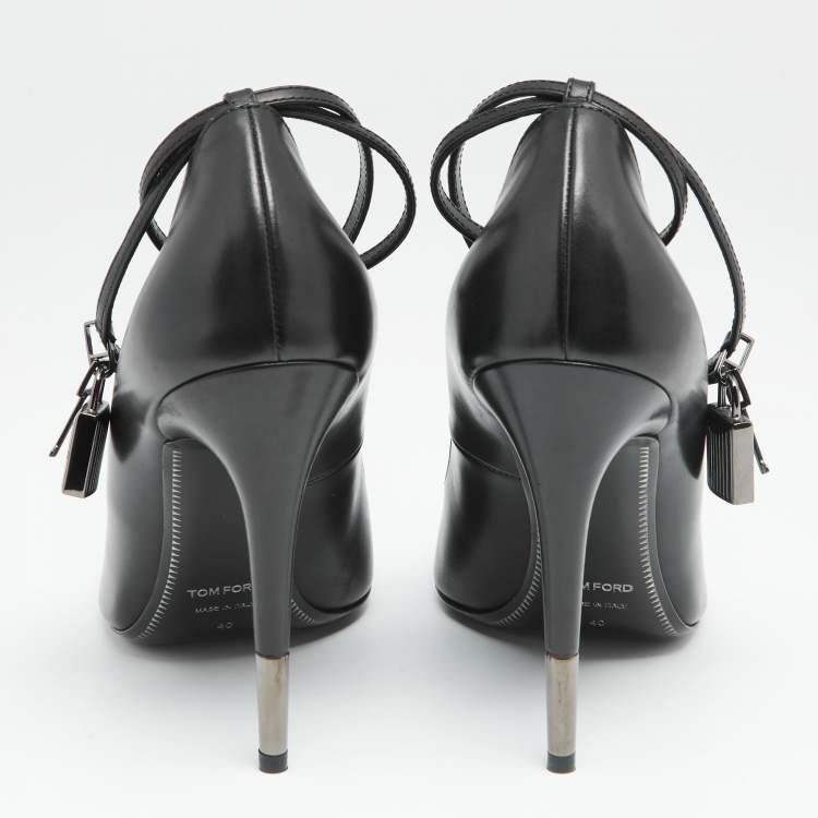Pre Owned Tom Ford Black Leather Padlock Ankle Wrap Pointed Toe Pumps Size 40
