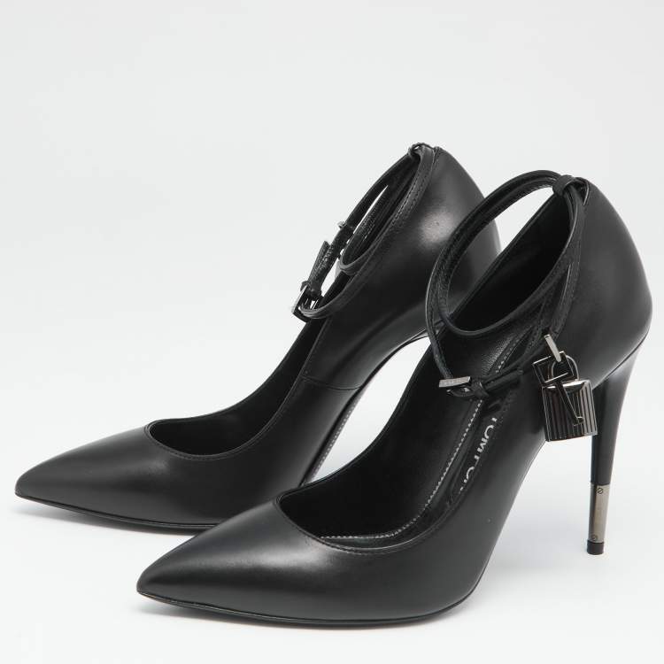 Pre Owned Tom Ford Black Leather Padlock Ankle Wrap Pointed Toe Pumps Size 40