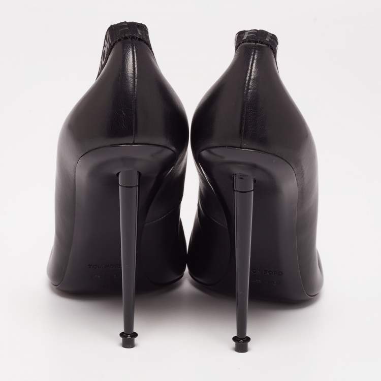 Pre Owned Tom Ford Black Leather and Elastic Logo Pointed Toe Pumps Size 41