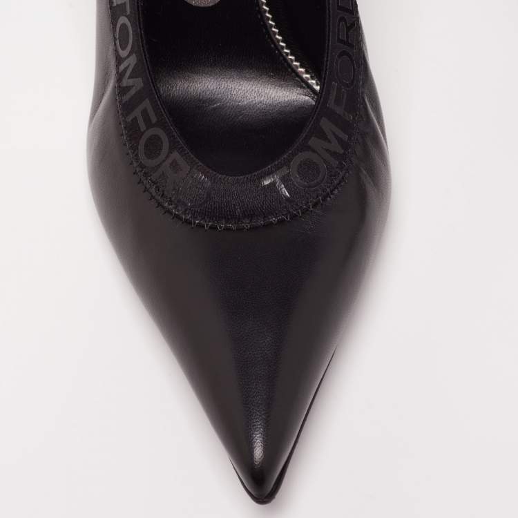 Pre Owned Tom Ford Black Leather and Elastic Logo Pointed Toe Pumps Size 41