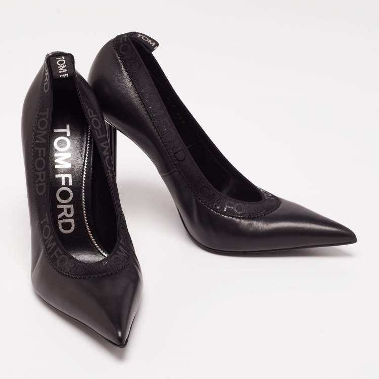 Pre Owned Tom Ford Black Leather and Elastic Logo Pointed Toe Pumps Size 41