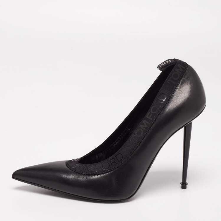 Pre Owned Tom Ford Black Leather and Elastic Logo Pointed Toe Pumps Size 41