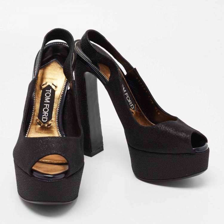 Pre Owned Tom Ford  Black Glitter Peep Toe Slingback Platform Sandals Size 38