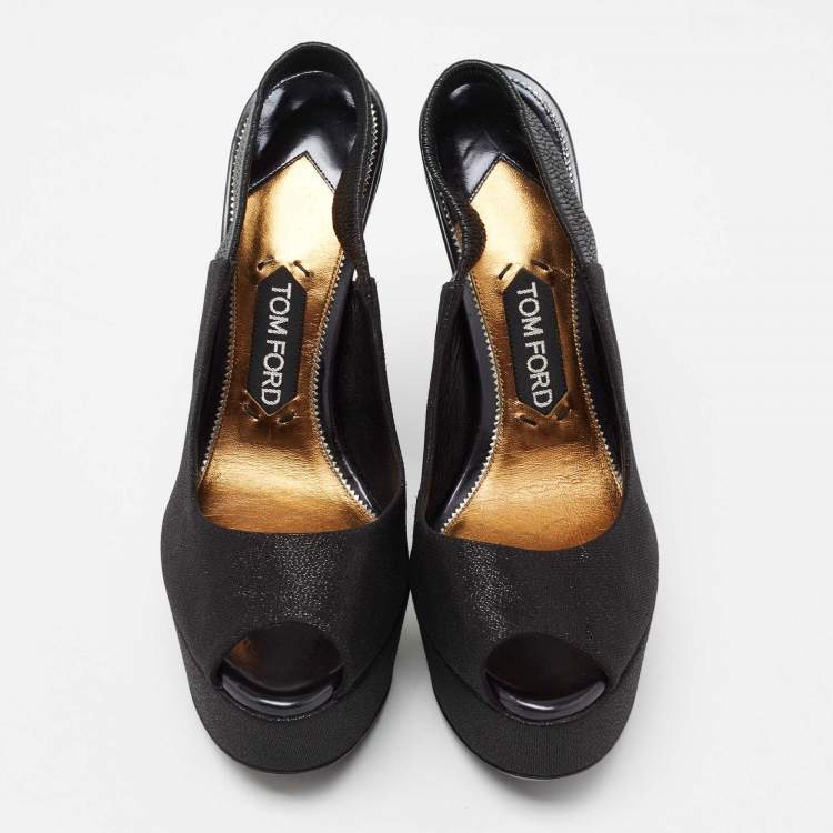 Pre Owned Tom Ford  Black Glitter Peep Toe Slingback Platform Sandals Size 38