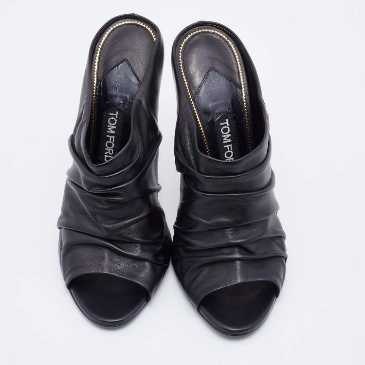 Pre Owned Tom Ford Black Ruched Leather Peep Toe Mules Size 41