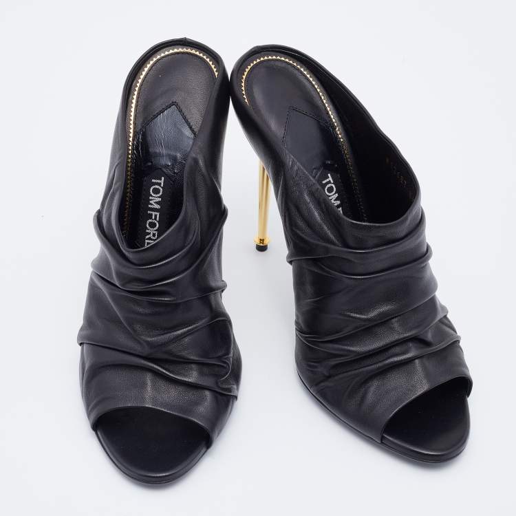 Pre Owned Tom Ford Black Ruched Leather Peep Toe Mules Size 41