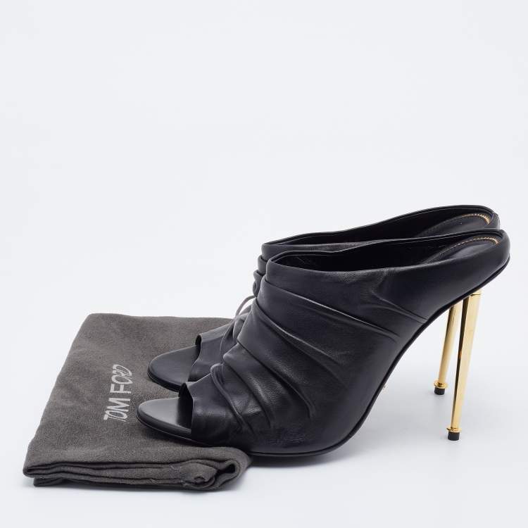 Pre Owned Tom Ford Black Ruched Leather Peep Toe Mules Size 41