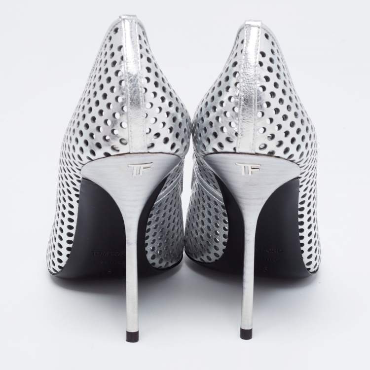 Pre Owned Tom Ford Metallic Silver Perforated Leather Pointed Toe Pumps Size 38
