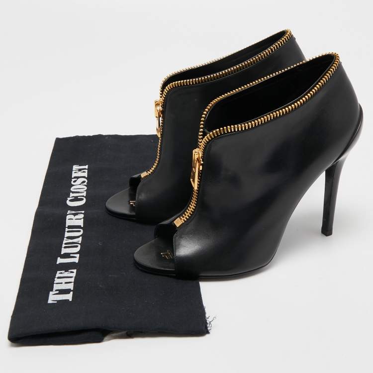 Pre Owned Tom Ford Black Leather Zipper Open Toe Ankle Booties Size 38