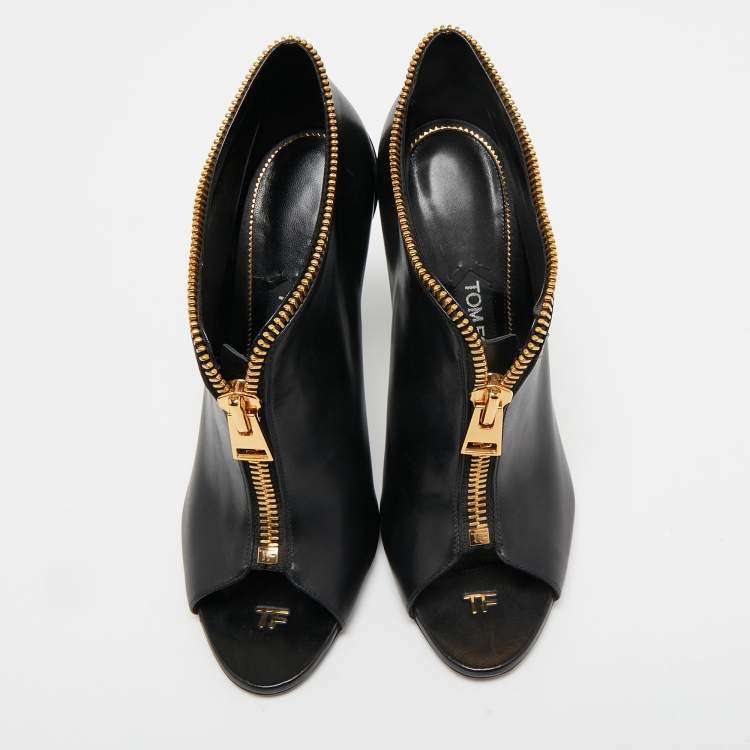 Pre Owned Tom Ford Black Leather Zipper Open Toe Ankle Booties Size 38