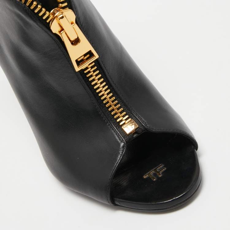 Pre Owned Tom Ford Black Leather Zipper Open Toe Ankle Booties Size 38
