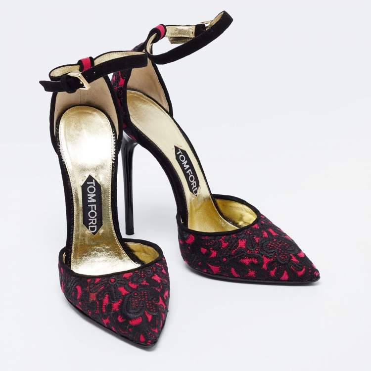 Pre Owned Tom Ford Black/Pink Embroidered Suede D'Orsay  Ankle Strap Pumps Size 38