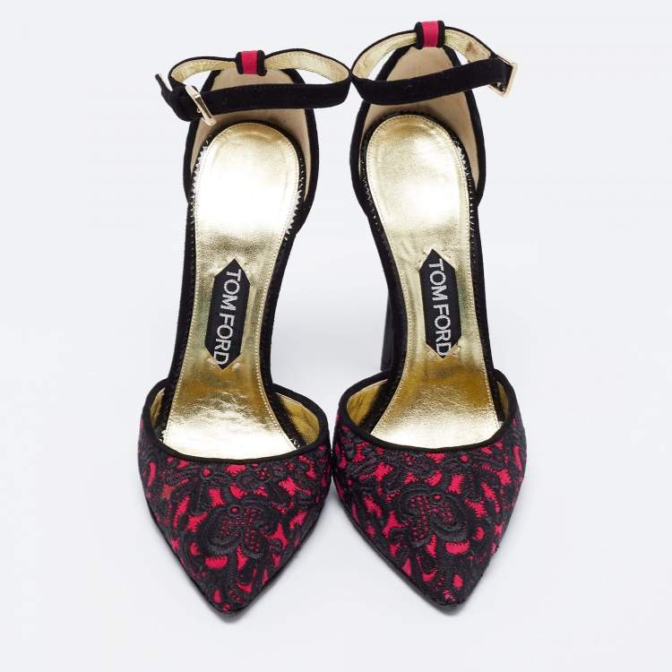 Pre Owned Tom Ford Black/Pink Embroidered Suede D'Orsay  Ankle Strap Pumps Size 38