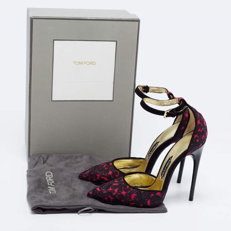 Pre Owned Tom Ford Black/Pink Embroidered Suede D'Orsay  Ankle Strap Pumps Size 38