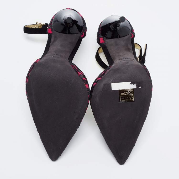 Pre Owned Tom Ford Black/Pink Embroidered Suede D'Orsay  Ankle Strap Pumps Size 38