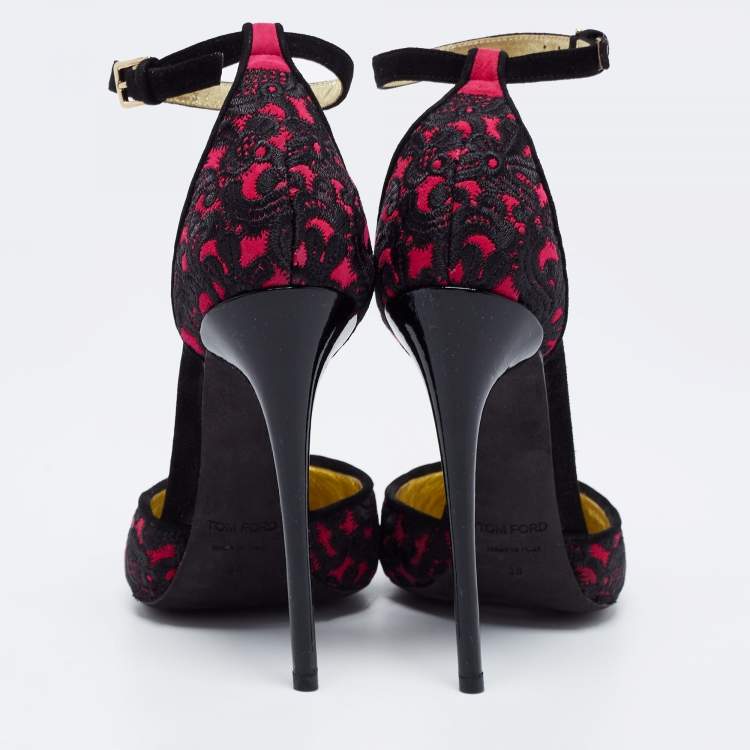 Pre Owned Tom Ford Black/Pink Embroidered Suede D'Orsay  Ankle Strap Pumps Size 38
