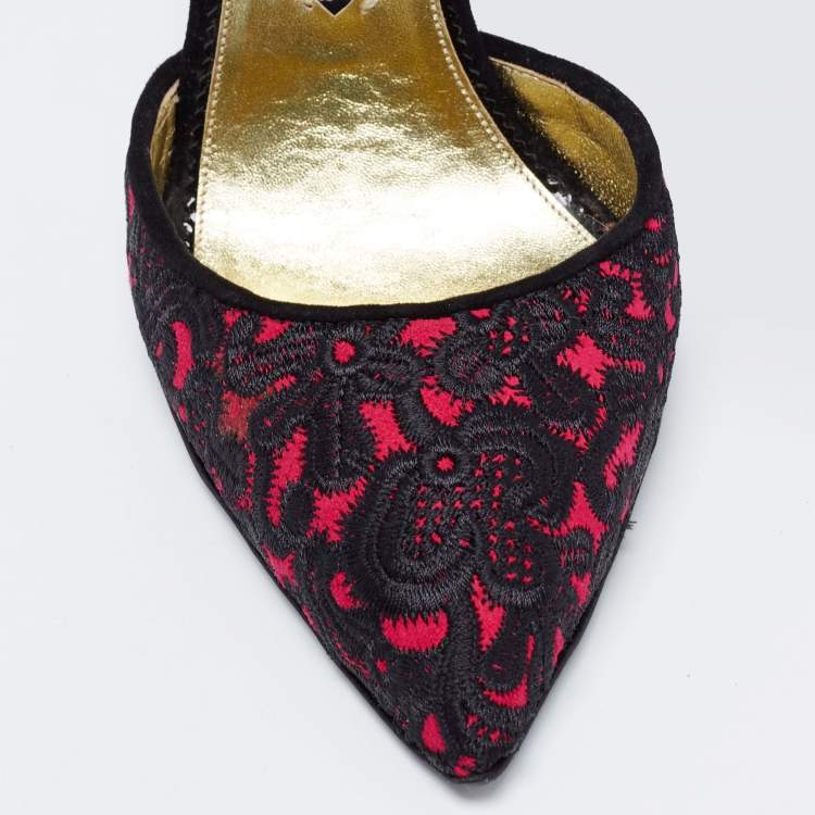 Pre Owned Tom Ford Black/Pink Embroidered Suede D'Orsay  Ankle Strap Pumps Size 38