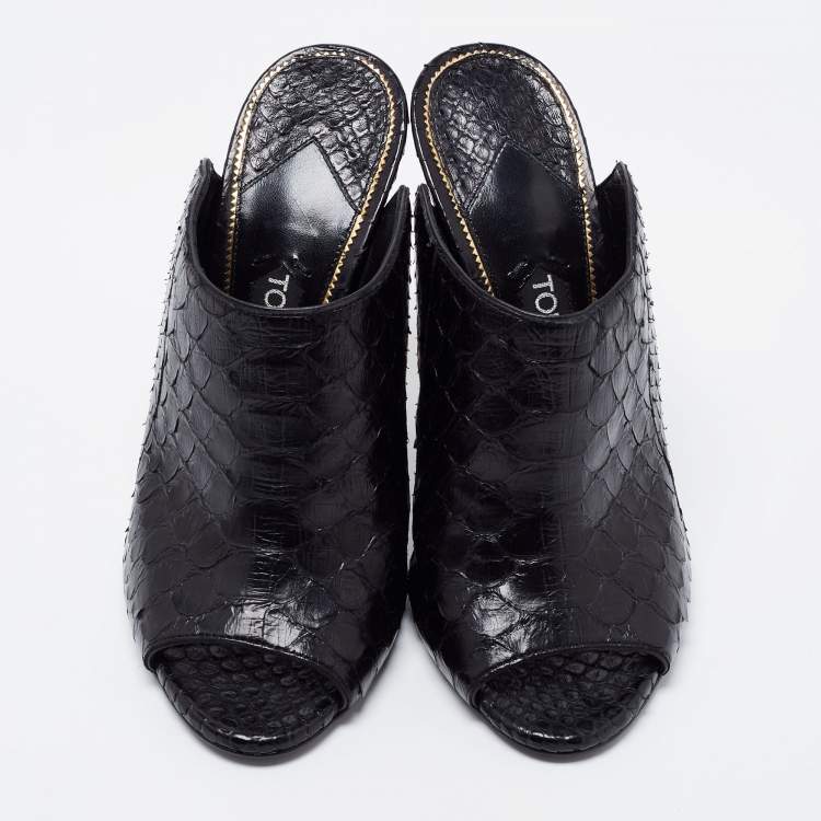 Pre Owned Tom Ford Black Python Open Toe Mules Size 37.5