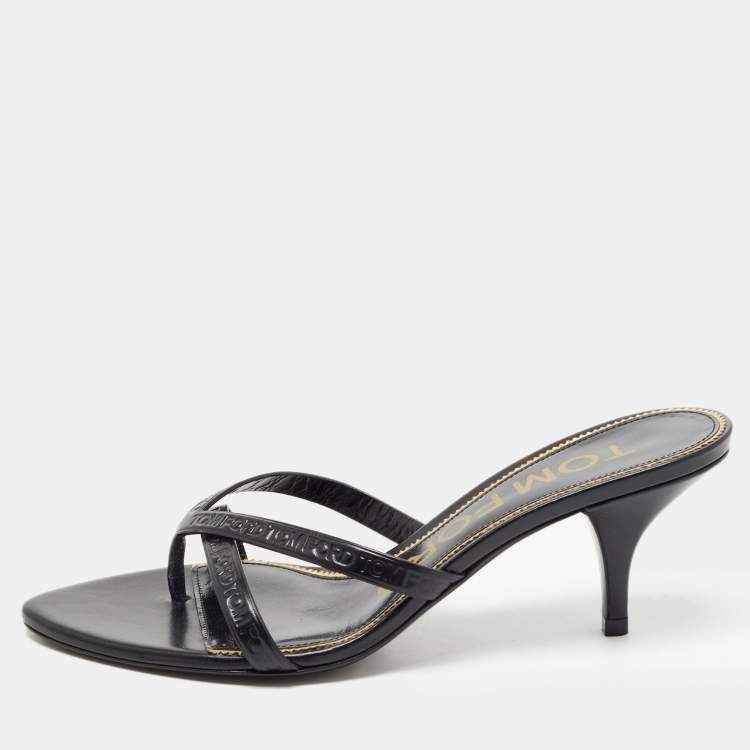 Pre Owned Tom Ford Black Leather Logo Printed Slide Sandal Size 36 