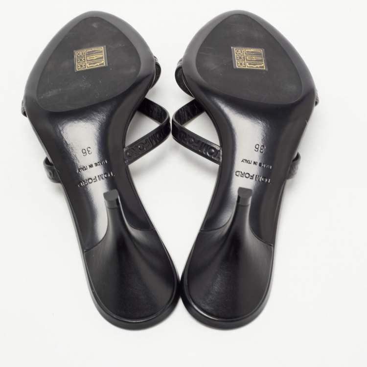 Pre Owned Tom Ford Black Leather Logo Printed Slide Sandal Size 36 