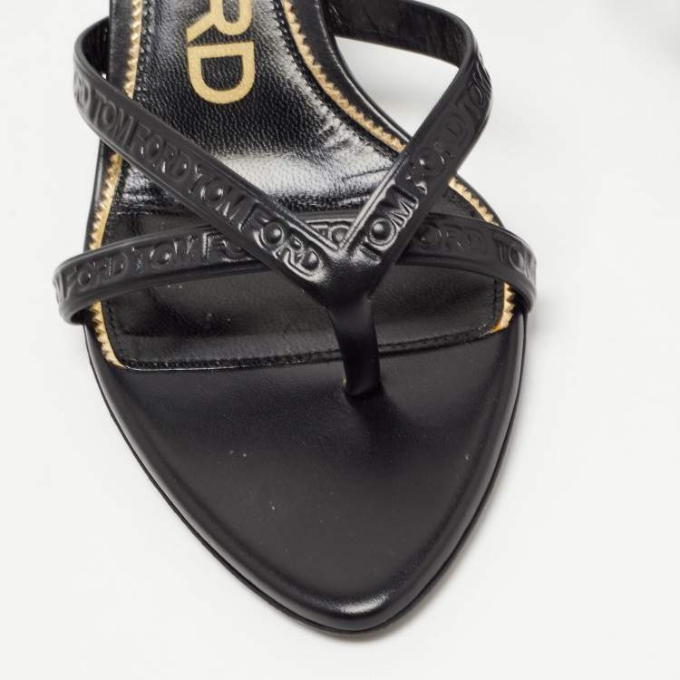 Pre Owned Tom Ford Black Leather Logo Printed Slide Sandal Size 36 