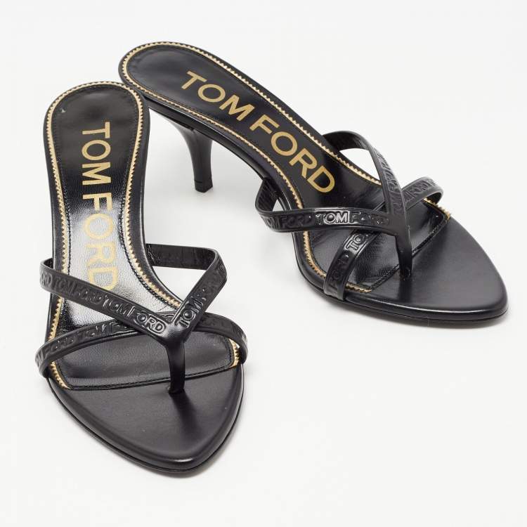 Pre Owned Tom Ford Black Leather Logo Printed Slide Sandal Size 36 
