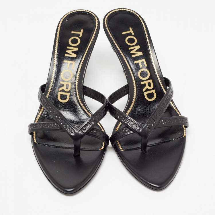 Pre Owned Tom Ford Black Leather Logo Printed Slide Sandal Size 36 