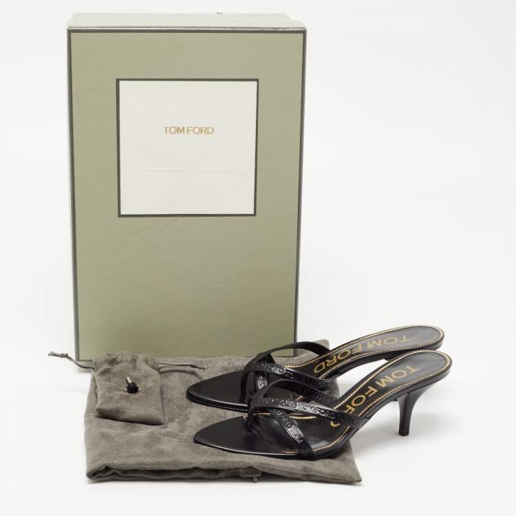 Pre Owned Tom Ford Black Leather Logo Printed Slide Sandal Size 36 