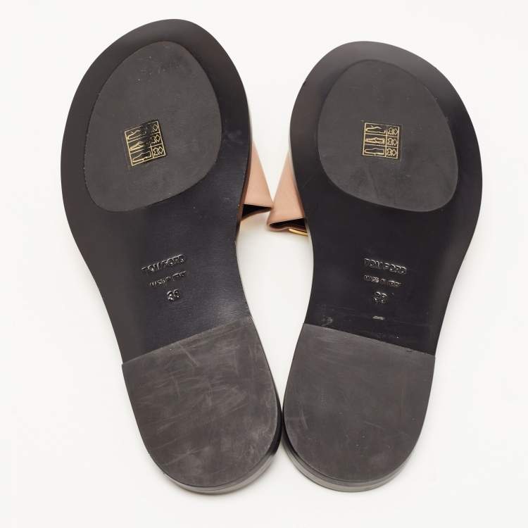 Pre Owned Tom Ford Pink Leather TF Logo Flat Slides Size 38