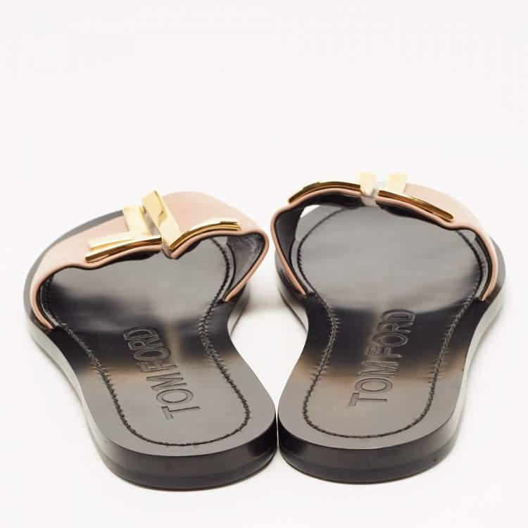 Pre Owned Tom Ford Pink Leather TF Logo Flat Slides Size 38