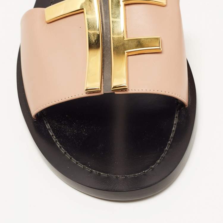 Pre Owned Tom Ford Pink Leather TF Logo Flat Slides Size 38