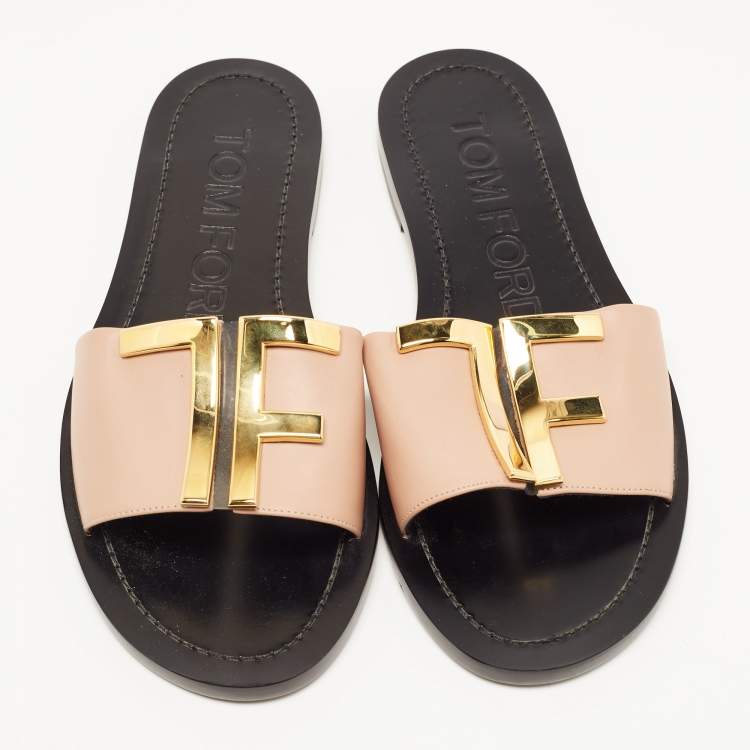 Pre Owned Tom Ford Pink Leather TF Logo Flat Slides Size 38