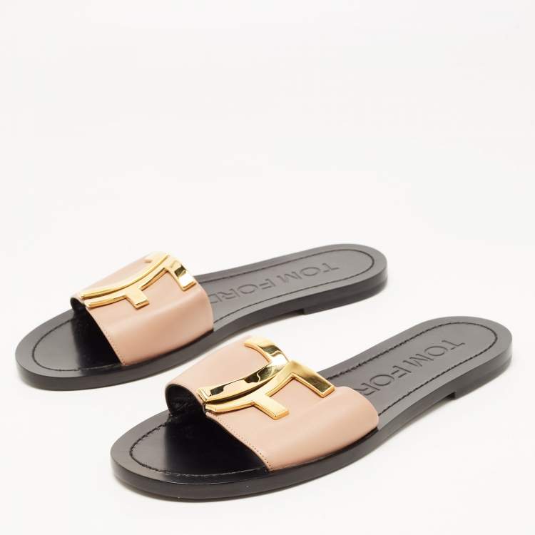 Pre Owned Tom Ford Pink Leather TF Logo Flat Slides Size 38