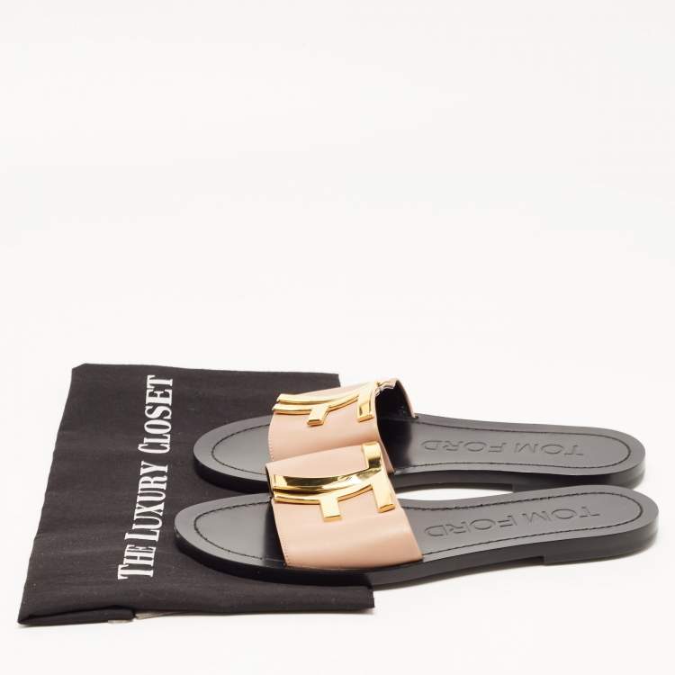 Pre Owned Tom Ford Pink Leather TF Logo Flat Slides Size 38