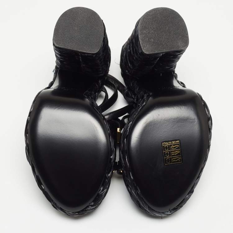 Pre Owned Tom Ford Black Raffia and Leather Ankle Strap Sandals Size 38
