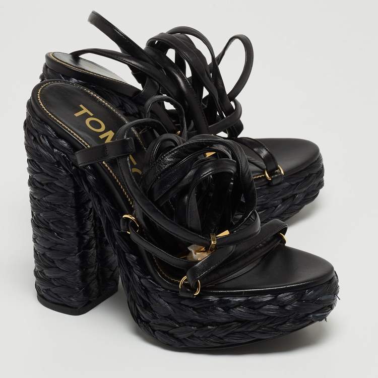 Pre Owned Tom Ford Black Raffia and Leather Ankle Strap Sandals Size 38