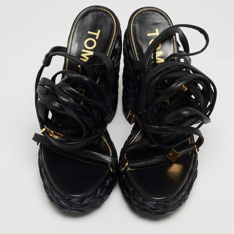 Pre Owned Tom Ford Black Raffia and Leather Ankle Strap Sandals Size 38