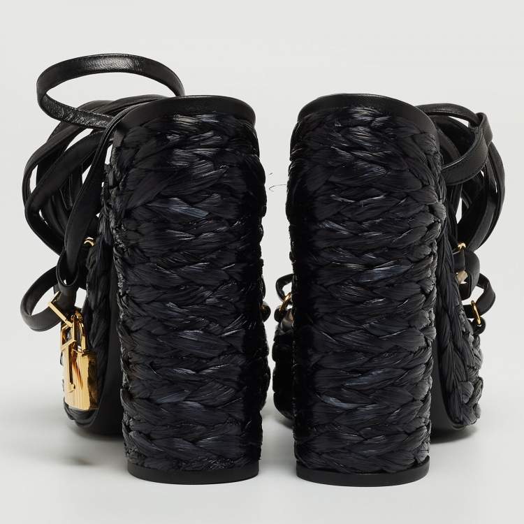 Pre Owned Tom Ford Black Raffia and Leather Ankle Strap Sandals Size 38