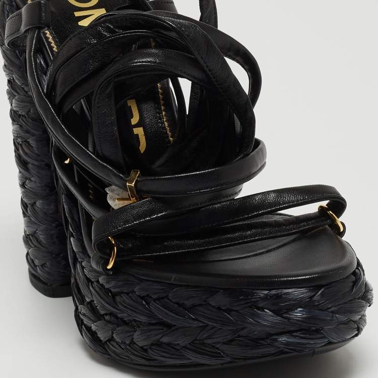 Pre Owned Tom Ford Black Raffia and Leather Ankle Strap Sandals Size 38