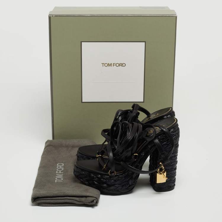 Pre Owned Tom Ford Black Raffia and Leather Ankle Strap Sandals Size 38