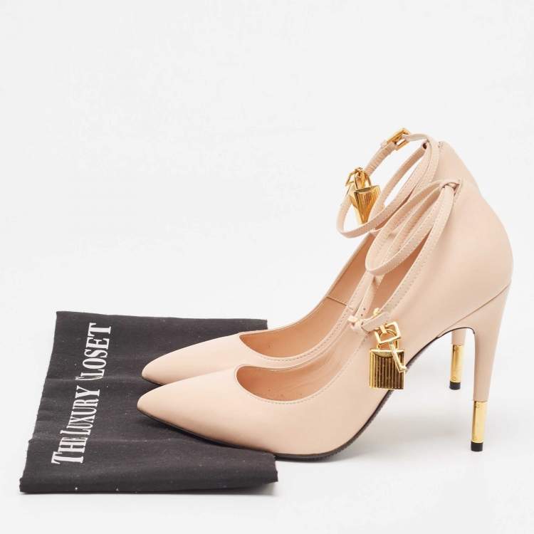 Pre Owned Tom Ford Beige Leather Padlock Pointed Toe Pumps Size 38.5