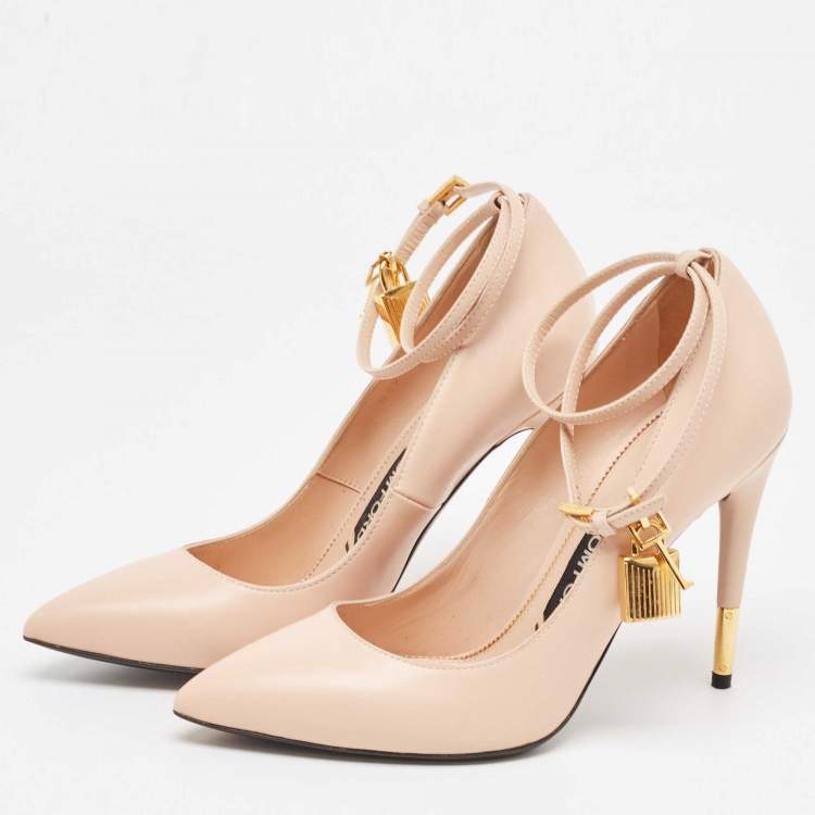 Pre Owned Tom Ford Beige Leather Padlock Pointed Toe Pumps Size 38.5