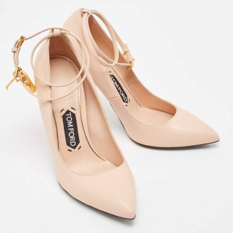 Pre Owned Tom Ford Beige Leather Padlock Pointed Toe Pumps Size 38.5