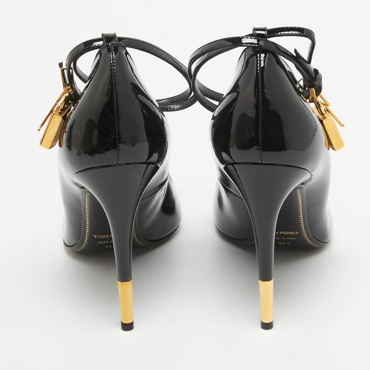 Pre Owned Tom Ford Black Patent Padlock Ankle Strap Pumps Size 39.5