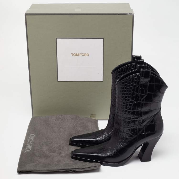 Pre Owned Tom Ford Black Croc Embossed Leather Western Ankle Boots Size 36
