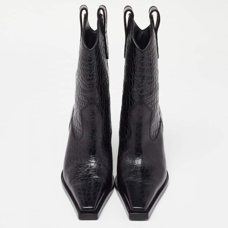 Pre Owned Tom Ford Black Croc Embossed Leather Western Ankle Boots Size 36