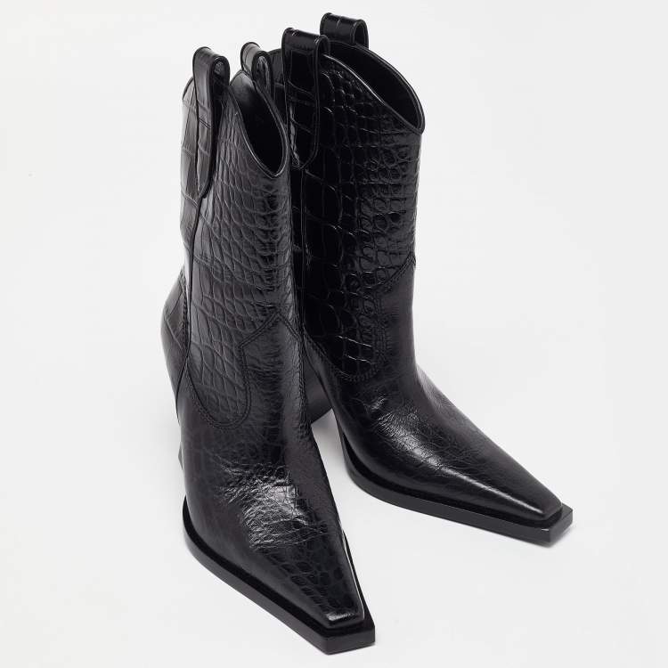 Pre Owned Tom Ford Black Croc Embossed Leather Western Ankle Boots Size 36